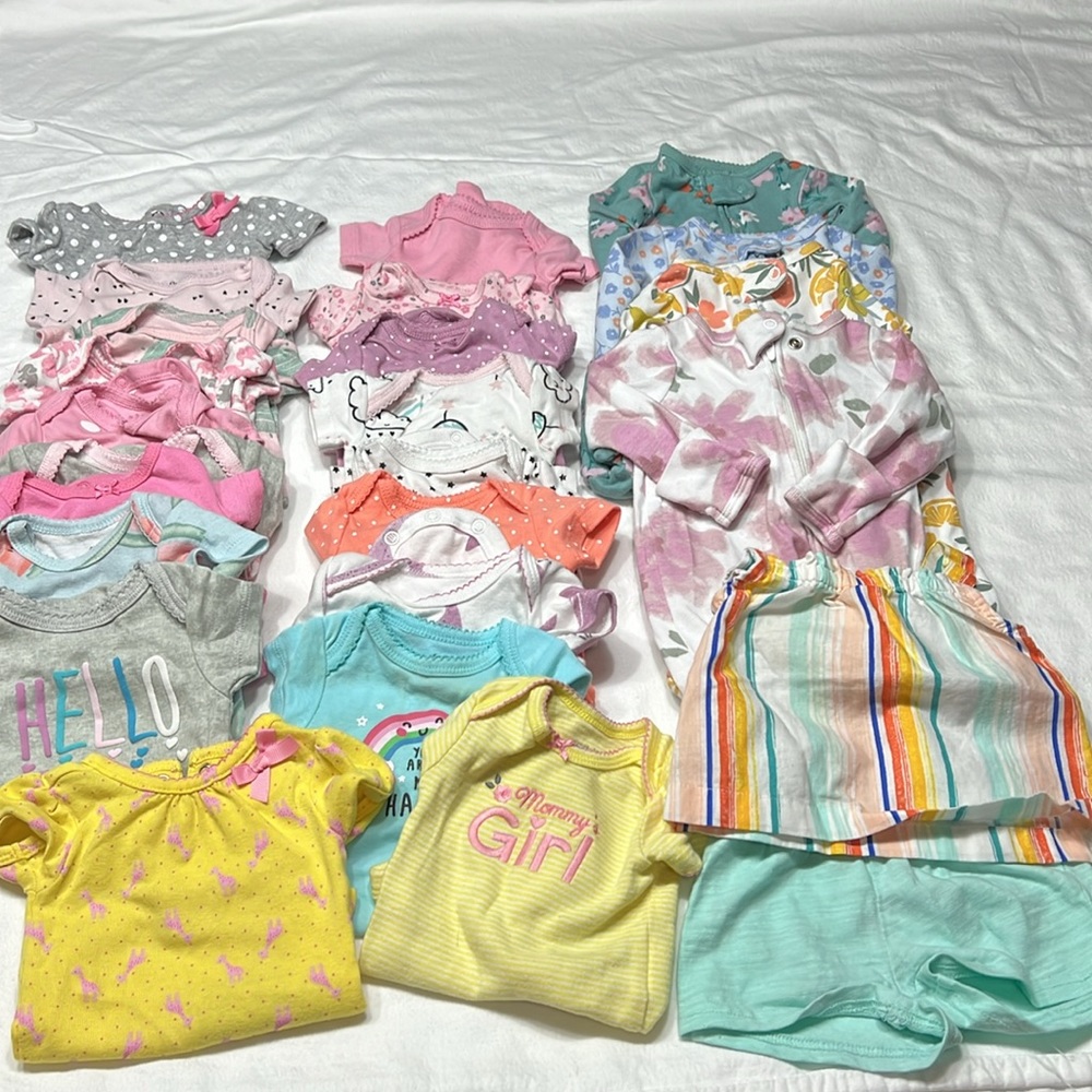 Baby girl size newborn onesies, short and long, and 1 cute summer shorts set.